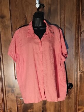 L.L. Bean Coral Linen Blouse - Short-Sleeve Button-Down Shirt.
